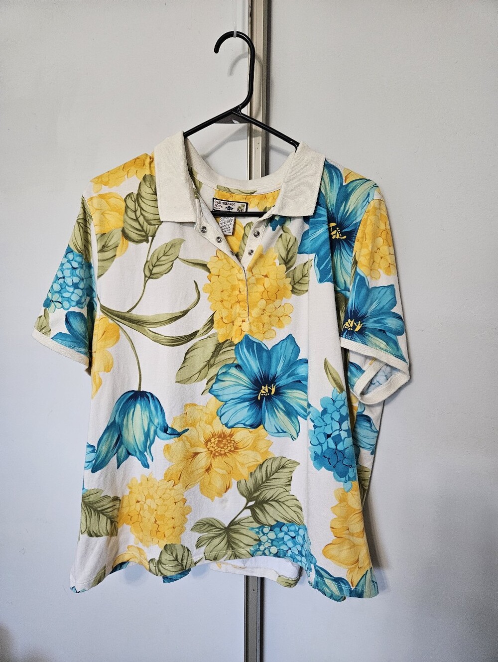 Caribbean Joe, Floral Polo Top - Yellow & Teal Flowers